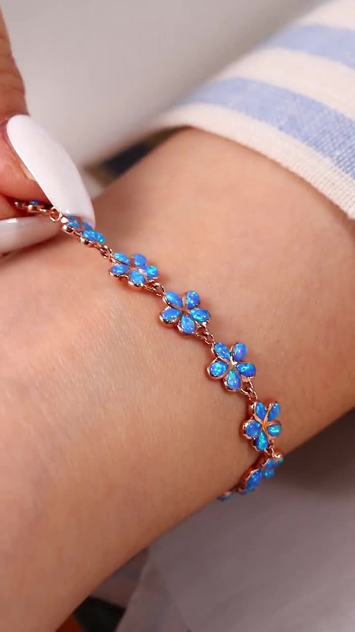 Blue Opal Flower Bracelet - Five-petal Link Chain, Cute Floral